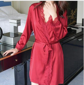 Women's Satin Silk Woman Lace Robe Female Lace Bathrobe Womens